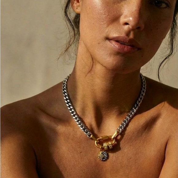 Jewelry - ✨ NEW 18K Gold Plated Two-Tone Cuban Chain Statement Necklace w/ Sun Charm✨